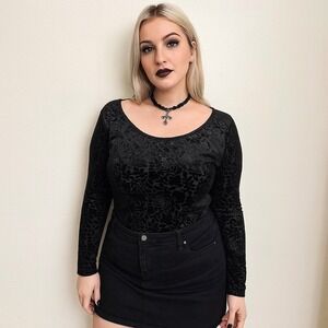 Vintage Moda International Burnout Velvet Top Women Large Black Rose Floral Goth